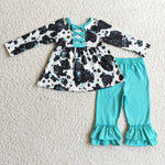 Boutique Cow Blue Bow Design Ruffles Girl's Set