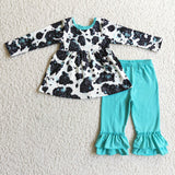 Boutique Cow Blue Bow Design Ruffles Girl's Set