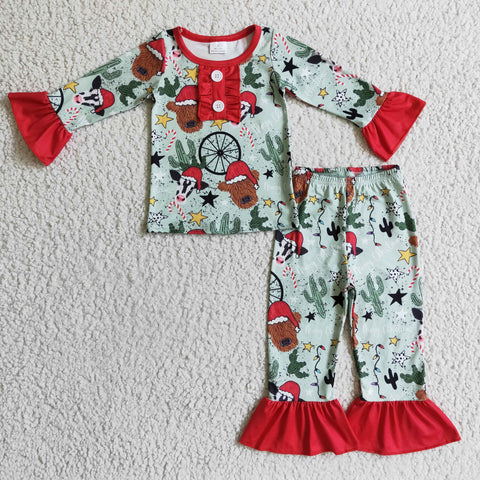 Christmas Cactus Cow Green Red Girl's Set Pajamas