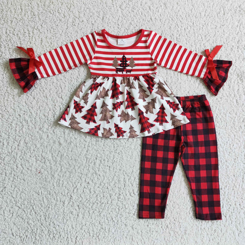 Christmas Tree Red Plaid Stripe Girl's Set