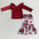 New Gold Velvet Flower Ruffled Rose Red Cute Girl's Set