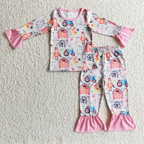 Farm Horse Blue Pig Girl's Set Pajamas