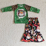 SALE GLP0321  Christmas Santa BIG POPPA Green Leopard Splicing Design Girl's Set