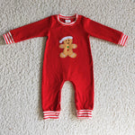 Christmas Embroidery Gingerbread Red Stripe Baby Cute Boy's Romper