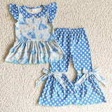 Boutique Princess Blue Dots Ruffles Bow Cute Girl's Set