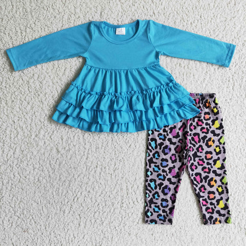 Colorful Leopard Sky Blue Ruffles Girl's Set