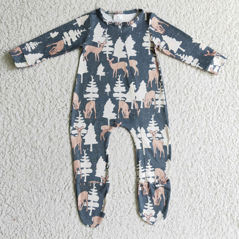 Green Deer Trees Zipper Cute Baby Girl's Boy's Romper