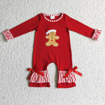 LR0196 Christmas Embroidery Gingerbread Red Stripe Baby Cute Girl's Romper