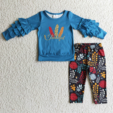 New Thankful Leaf Blue Girl's Set