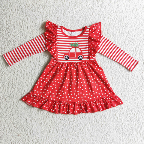 SALE GLD0145 Christmas Red Car Tree Dots Stripe Cute Girl's Dress