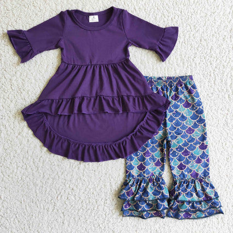 6 A15-12 Purple Ruffles 3/4 sleeves Fish scale print Outfits
