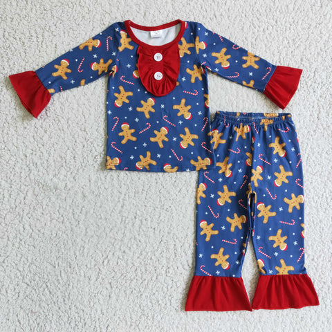 Christmas Gingerbread Candy Canes Navy Red Girl's Set Pajamas