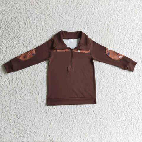 SALE BT0111 Western Cow Brown With Zipper Pullover Boy's Shirt Top