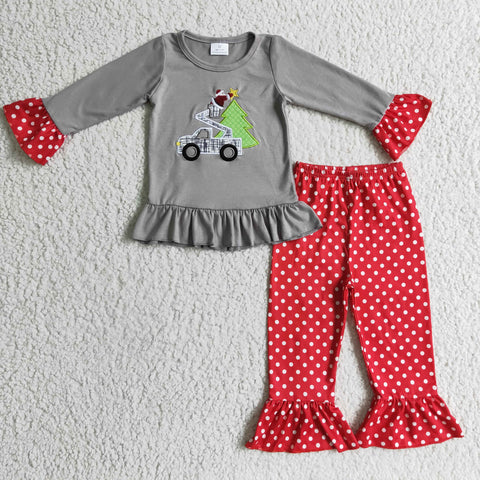 GLP0332 Christmas Embroidery Excavator Car Tree Grey Red Plaid Girl's Set