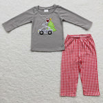 SALE BLP0135 Christmas Embroidery Excavator Car Tree Grey Red Plaid Boy's Set