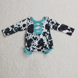 Boutique Cow Blue Bow Design Baby Bubble Girl's Romper