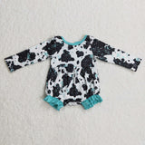 Boutique Cow Blue Bow Design Baby Bubble Girl's Romper