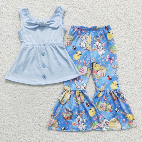 Easter Rabbit Blue Cute Bow Girl's Set