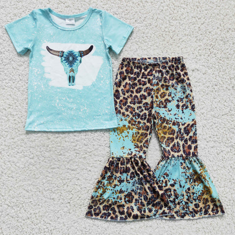 Fashion Western Bull Blue Leopard Girl's Set