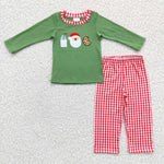 Christmas Embroidered Santa Milk Cookie Green Girl's Boy's Matching Clothes