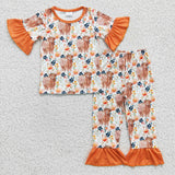 Flower Cow Orange Cute Girl's Set Pajamas