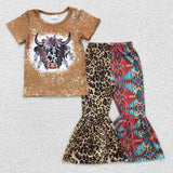 Fashion Western Cow Leopard Khaki Splicing Girl's Set