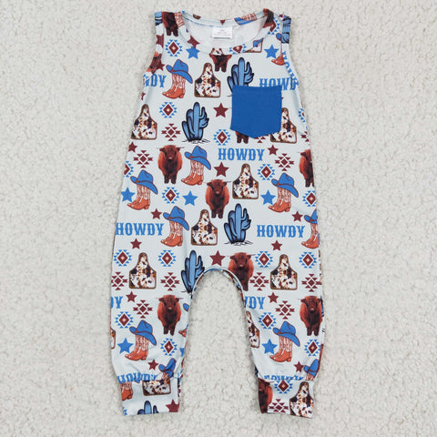 HOWDY Cow Cactus Blue Pocket Baby Boy's Romper