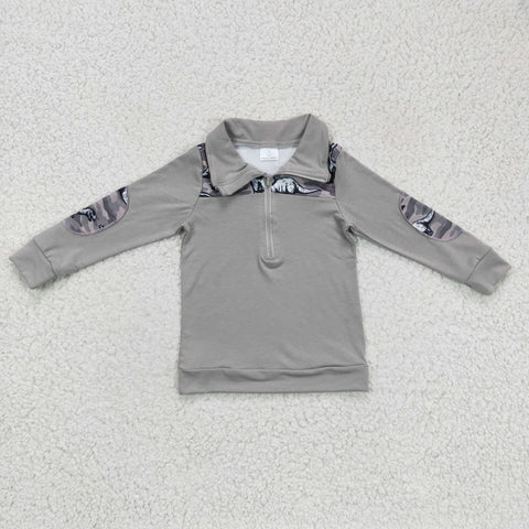 SALE BT0106 Dinosaur Camo Grey With Zipper Pullover Boy's Shirt Top