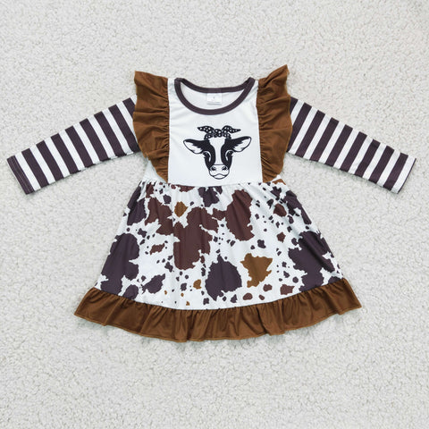 SALE GLD0126 New Cow Brown Stripe Ruffles Cute Girl's Dress