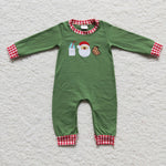 LR0232 Christmas Embroidery Green Santa Milk Cookies Red Plaid Baby Cute Boy's Romper