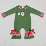 Christmas Embroidery Green Santa Milk Cookies Red Plaid Baby Cute Girl's Romper