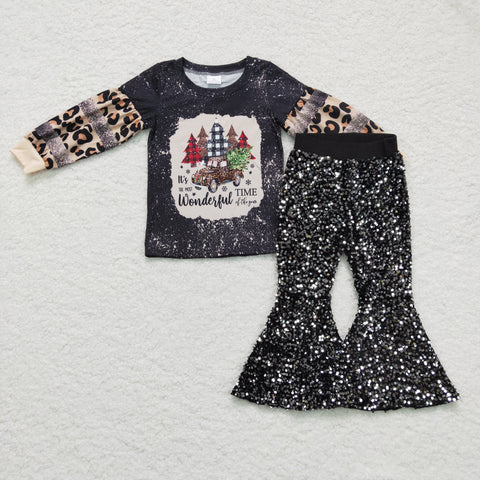 GLP0398 It's the most wonderful time of the year Leopard Sequin Black Girl's Set