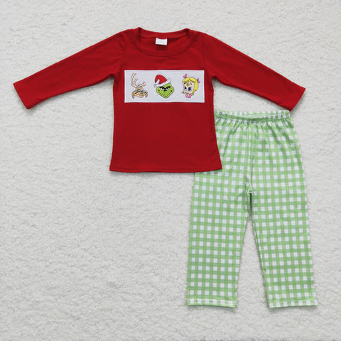 Christmas Embroidery Green animal Plaid Red Boy's Set
