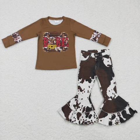 Fashion Baby Cow Brown Jeans 2 Pcs Girl's Set