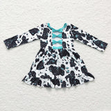 Boutique Cow Blue Bow Design Cute Girl's Dress