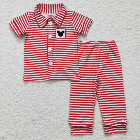 SALE BSPO0040 Embroidery New Red Stripe Pocket Mouse Boy's Set Pajamas