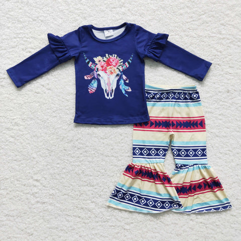 SALE GLP0055 Western Skull Bull Flower Blue Stripe Girl's Set