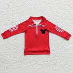 Boy's Red Plaid Cartoon mouse With Zipper Pullover Shirt Top