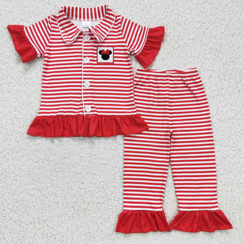 Embroidery New Red Stripe Pocket Mouse Girl's Set Pajamas