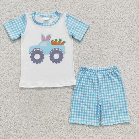 SALE BSSO0091 Easter Car Rabbit Carrot Blue Plaid Boy's Shorts Set