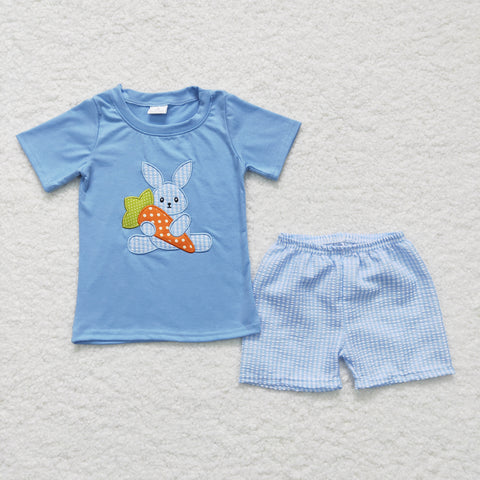 SALE BSSO0087 Easter Embroidery Rabbit Carrot Blue Boy's Shorts Set