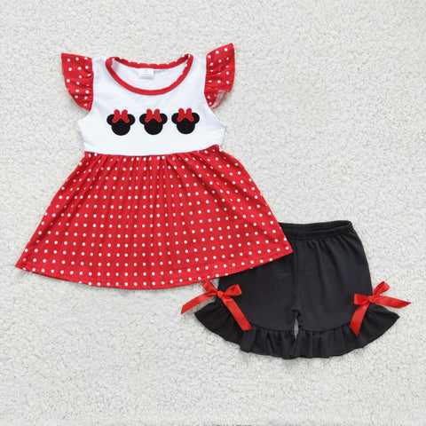 GSSO0130 Embroidery Cartoon Red Mouse Girl's Shorts Set