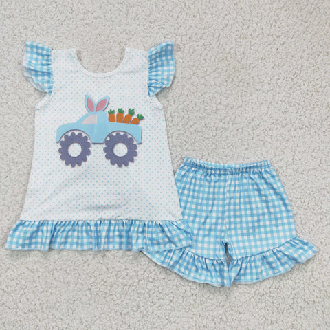 Easter Car Rabbit Carrot Pink Plaid Girl's Shorts Set