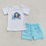 White shirt with three animals farm and house blue grid shorts