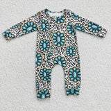 LR0254 RODEO Turquoise Leopard Zipper Baby Boy's Romper