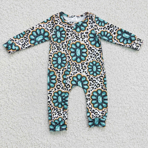 LR0254 RODEO Turquoise Leopard Zipper Baby Boy's Romper