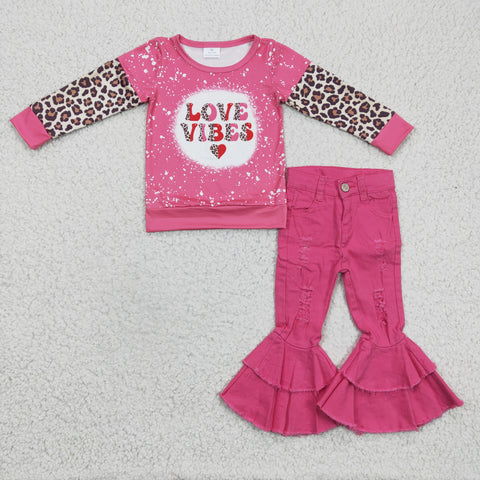 Fashion Valentine's Day LOVE VIBES Leopard Pink Jeans 2 Pcs Girl's Set