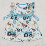 Farm Animal Truck Flower Blue Bow Cute Girl's Dress