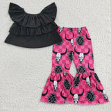 GSPO0314 Boutique New Western Skull Bull Pink Black Girl's Set