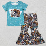 Western Cow Blue Fashion Girl's Set